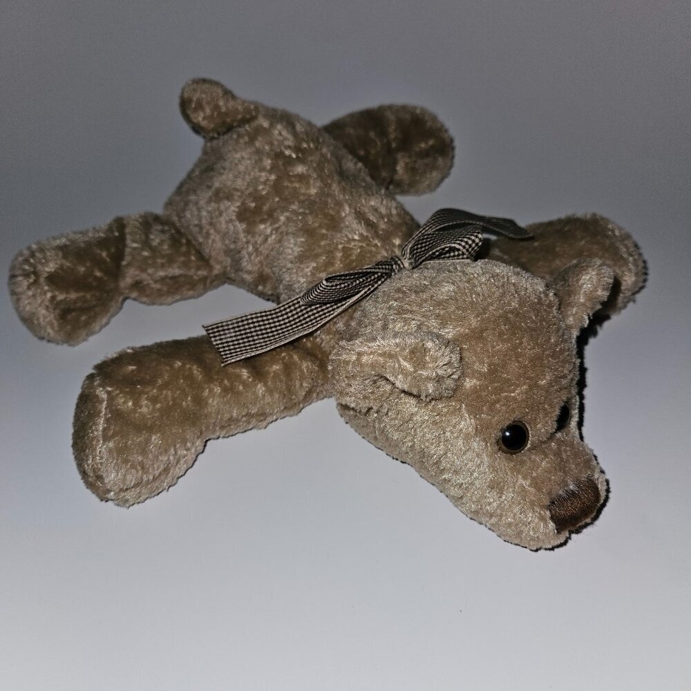 Animal Adventure Brown Bear Plush 11" Long Tan Black Bow Teddy Floppy Bean Bag